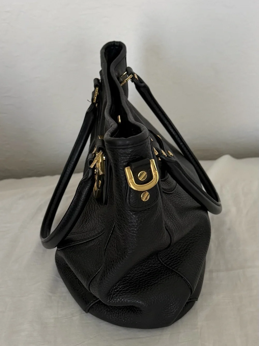 Tory Burch Black Leather Shoulder Tote with Gold Logo